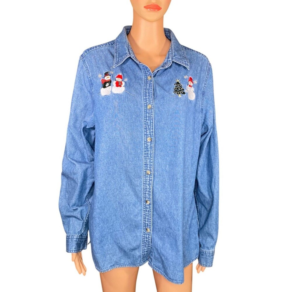 Holday Editions Denim Shirt Button Down Embroidered Snowman Holiday SZ X - Large